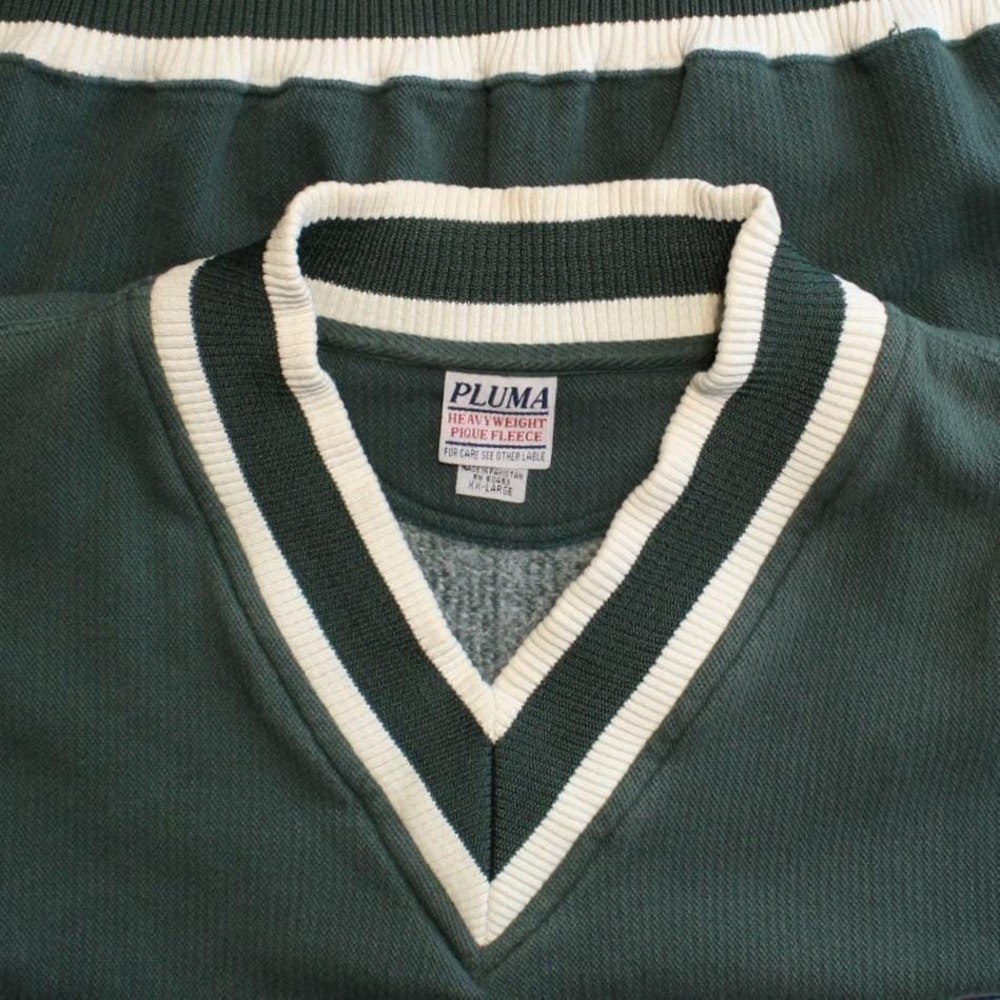 Vintage 90s Pluma XXL Green‎ White Striped V-Neck Heavyweight Pique Sweatshirt